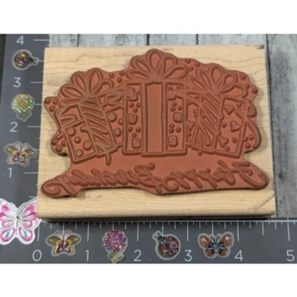Denami Design Happy Birthday Gifts Presents 1998 Rubber Stamp Wood #E10